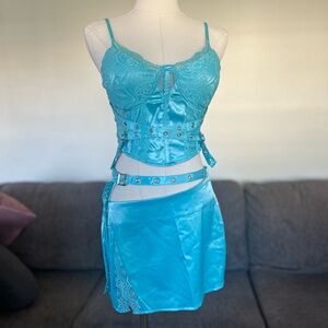 Fashion Nova Turquoise Lace and Satin Set